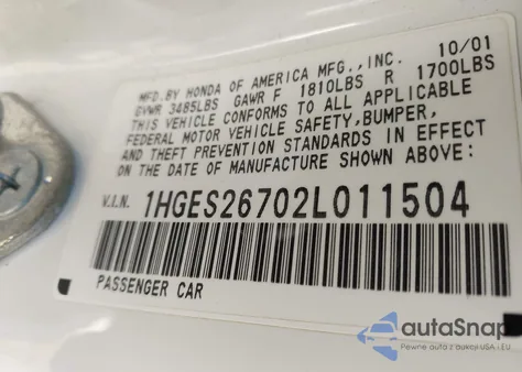 2002 Honda Civic Ex from USA, damaged, VIN 1HGES26702L011504